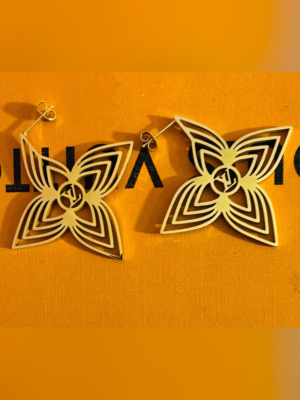 Gold Floral Louis Vuitton Style Stud Earrings